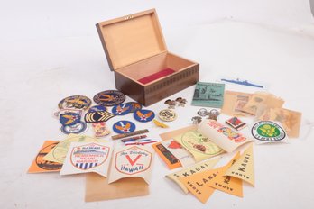 Pearl Harbor & WWII Patches, Pins & Hawaii Stamps & Pin-Up Girl Stickers