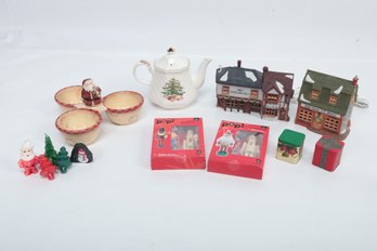 Mixed Grouping Of Christmas Decor Items:  Tea Pot, Lighted Village Houses & More