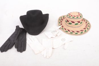 Lite Felt Black Hat (S), Straw Panama Hat W/Ladies Gloves