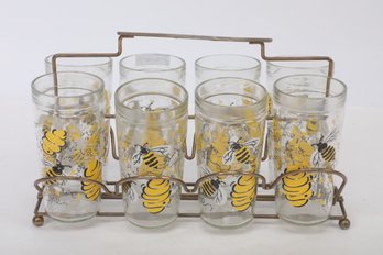 Vintage Honey Bee Glasses In Metal Caddy
