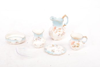 Antique Doulton Burslem England Porcelain Grouping: 2 Pitchers, Vase, & Lidded Soap Container