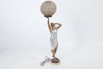 Antique Art Deco Figural Lamp W/Beaded Shade & Marble Base