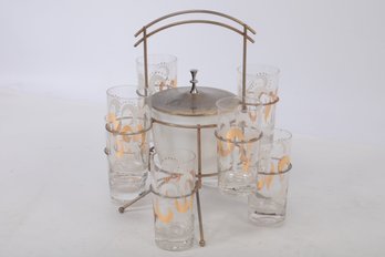 Vintage Mid-century Glassware & Ice Bucket Caddy ~ Holds 8 Glasses In Multi-level Metal Caddy