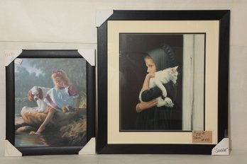 2 Framed Prints On Board Of Girl W/Dog & Girl W/Cat, Made In Lancaster County P.A.
