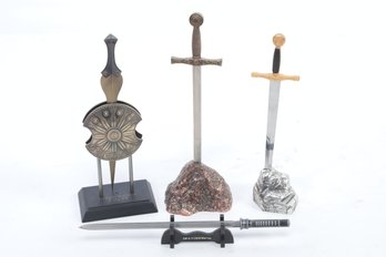 4 Collector Replica Swords W/Bases: Troy, Blade, & 2 Excalibur