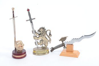 3 Collector Replica Swords W/Bases: Gryffindor, Narnia & A Dragon Sword