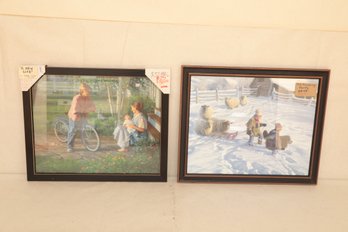 2 Framed Robert Duncan Prints 'A New Life' & 'The Sledding Party'