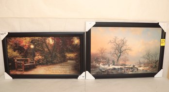 2 Framed Prints On Board: 'Autumn' & Winter Scene W/Ice Skating
