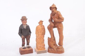 3 Vintage Hand Carved Wooden Artisan Signed Statues