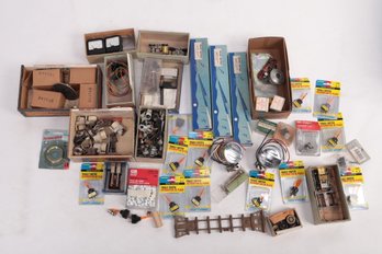 Group Of Toy Railroad Parts, Accessories For O And HO Scale Trains And Train Set Up Display
