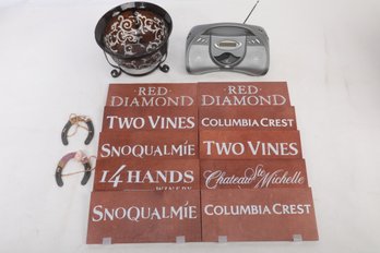Miscellaneous Household Lot: Portable Radio/CD Player, Party Lite Centerpiece, Wood Wine Signs & More