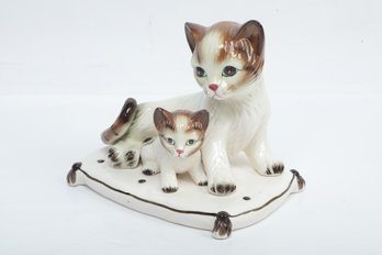 Vintage Ceramic Cat W/Her Kitten On Pillow