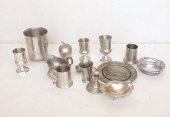 Mixed Grouping Of Vintage Pewter: Goblets, Mugs, Plates, Etc.