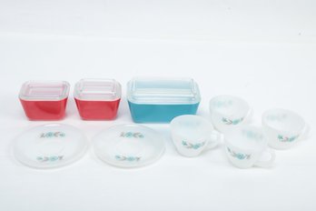 Vintage Pyrex Refrigerator Set In Primary Colors & Fire Kind Tea Cups & Saucers