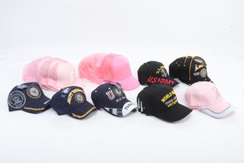 Large Grouping Of New Military Snap Back Hats & Breast Cancer Awareness Hats