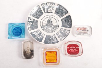 Waterbury (CT) Memorabilia - Plate, 3 Glass Ashtrays, & 2 Paperweights
