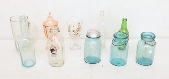 Mixed Grouping Of Vintage & Antique Glasses, Bottles & Mason Jars