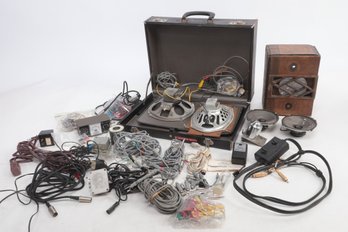 Vintage Electronic Technician Suitcase With  Testing Accessories, Cables, Parts, Speakers & More
