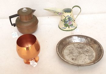 Mixed Grouping Of Vintage Items: Copper Tea Pot, Pie Tin, Hand Painted Watering Can, Copper Goblet