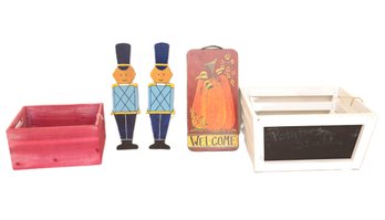 Grouping Of 2 Vintage Style Wood Storage Crates, Wood Hand Painted Toy Soldier & Fall 'Welcome' Sign