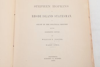 STEPHEN HOPKINS RHODE ISLAND STATESMAN. STUDY IN THE POLITICAL HISTORY OF THE EIGHTEENTH CENTURY. BY WILLIAM E