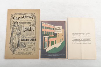 1885 'Queen Of Sheba' Grand Opera Booklet, 1898 Yale & 1928 Little Theatre Playbill