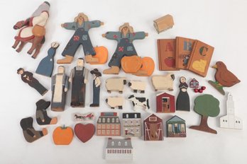 Huge Lot Of Vintage Painted Wooden Figures: Wolf Creek & The Cat's Meow