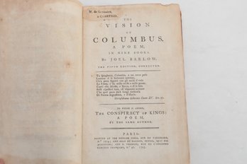 THE VISION OF COLUMBUS. A POEM, IN NINE BOOKS. 1793 , BY JOEL BARLOW. THE FIFTH EDITION, CORRECTED T' Fpieg