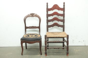 Antique Shaker Style Ladder-back Chair & Antique Upholstered Chair