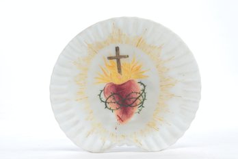 Late 1800's Blown Milkglass Bent Plate With Hand Painted Heart Of Jesus