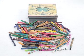 Contemporary Reproduction Tin Filled With Crayons