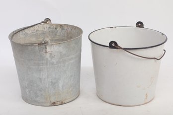 Antique Porcelain Bucket & Galvanized Bucket