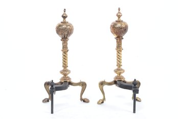 Pair Of Vintage Ornate Brass Andirons