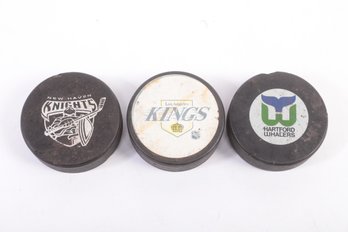 3 Team Labeled Hockey Pucks: Whalers, New Haven Knights, & LA Kings