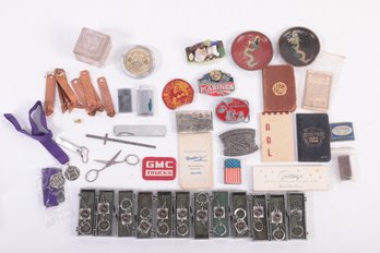 Vintage/Antique Junk Drawer Lot: Lighters, Belt Buckles, Advertising Can Openers, Etc.