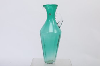 Large Blenko   Hand Blown Teal  Handled Vase