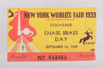 September 23, 1939 New Your World's Fair Chase Brass Day Souvenir Ticket