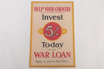 19 3/4' X 29 1/2' WWI Great Britain Poster On Linen 'Help Your Country Invest - War Loans'