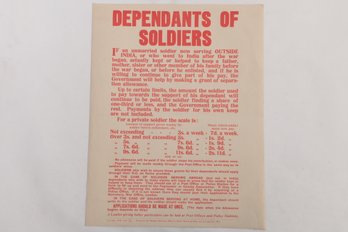 17 1/2' X 22 1/2' WWI Great Britain Poster On Linen 'Dependants Of Soldiers'