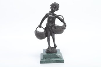 Vintage 1920s Era French Bronze Figure Of Girl W/Baskets Signed By Artist Suzanna Bizard