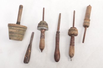 Group Of Antique Wooden Spindles And Tools