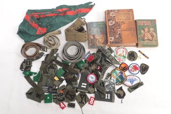 Group Of Vintage Boys Scout & Military Books, Patches, Belts & More