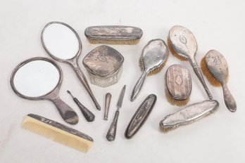 Group Of Antique Sterling Silver Vanity Accessories - Including Rushes, Mirrors & More