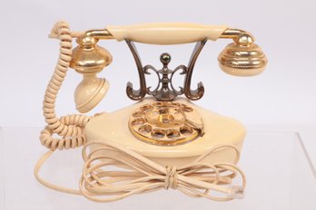 Vintage Mid-Century Rotary Phone In Cream W/Brass Details By GTE Automatic Electric