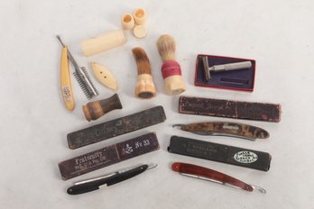 Group Of Antique Men's Shaving Accessories Including Straight Razor, Shaving Brush - See Images For Brands