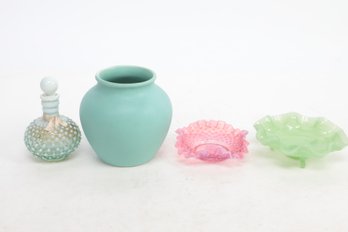 Group Of Vintage Collectible Glass - Fenton Perfume Bottle, Vase & Unmarked Jadeite Piece