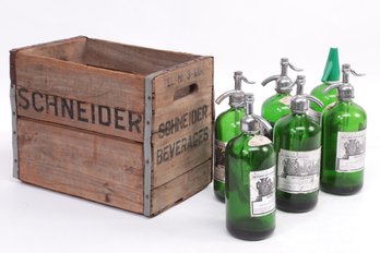 6 Vintage Castle Seltzer Bottles In Antique Schneider Advertising Crate