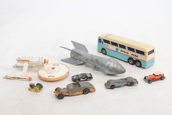 Vintage Group Of Toy Die Cast Cars, Star Trek Ship, Pan-am Bus, Berzac Astro Rocket