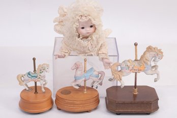 3 Vintage Musical Carousel Horses & Porcelain Hello Dolly Doll