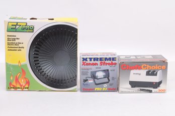 Grouping Of Like New Household Items: VTG Knife Sharpener, EzPro Grill, & Xenon Strobe Light